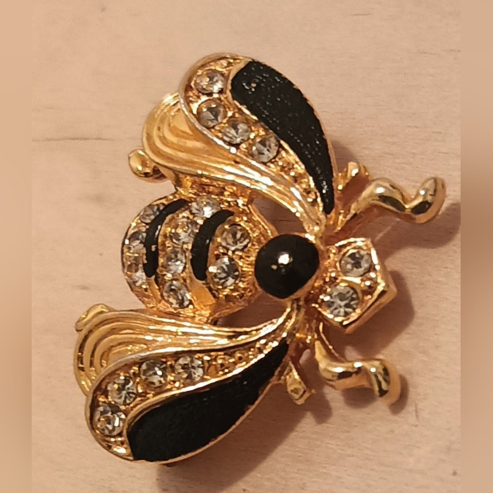 Gold Tone Black Crystal Bee Brooch - Women's Jewelry